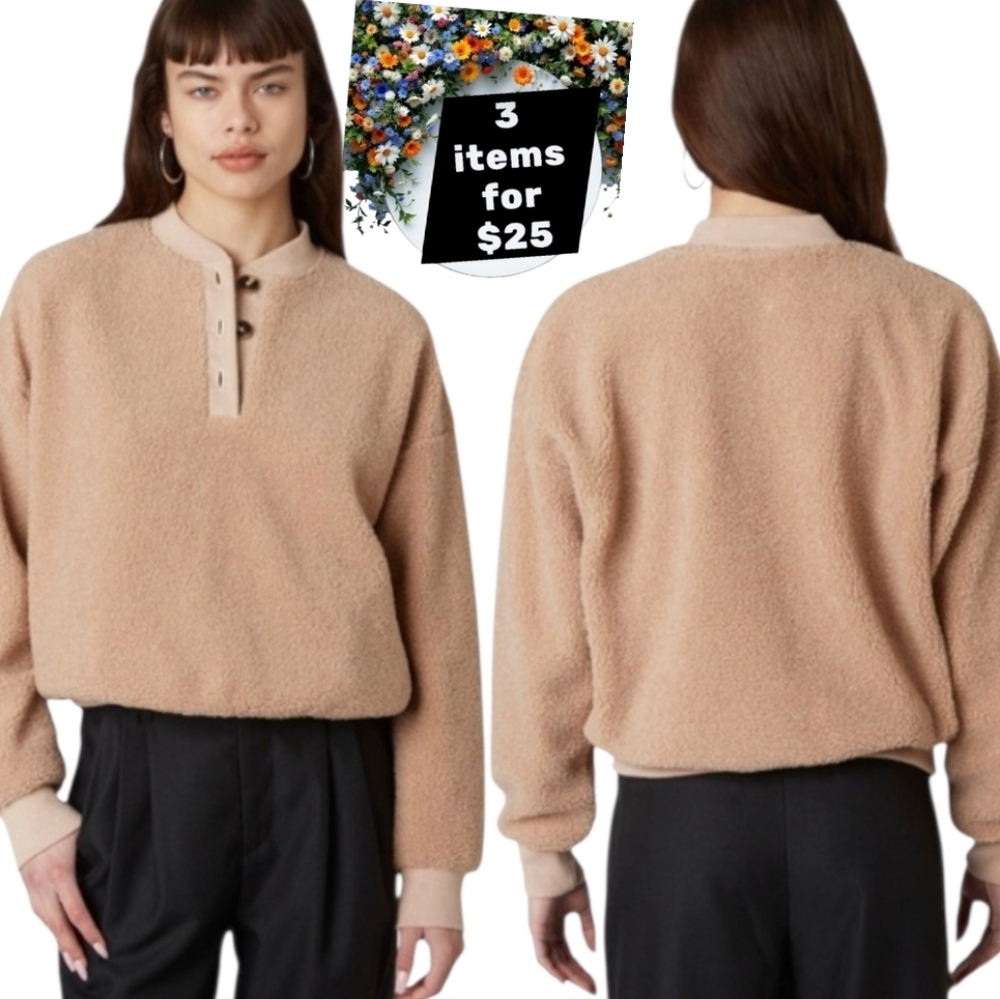 NIA Anthropologie Marlowe Boucle Henley Sweatshirt Tan M
